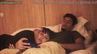 My stepsister lies down on my lap and lets me put my rod in her throat