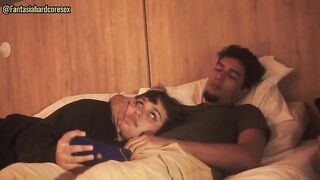 My stepsister lies down on my lap and lets me put my rod in her throat