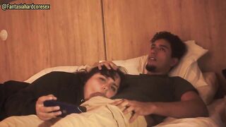 My stepsister lies down on my lap and lets me put my rod in her throat