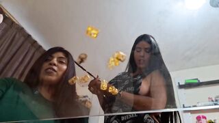 Pretty breasty stepmother celebrates the fresh year having lesbo sex with her curvy stepdaughter