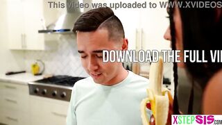 Annoying lalin girl step sister sucks on a banana right in front of step bro