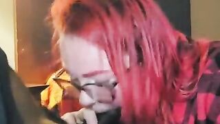 Redhead aubrey bigbabe304 slobbers on a large plump ebony weenie