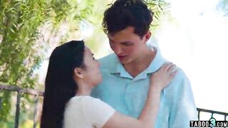 Tiny titted oriental teen enjoying her lovers large penis