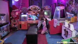 Petite melons brunette hair girlfriend Jade Valentine is giving her ebony bf oral job in the arcade.Man pulls gfs pants down and bangs her tiny twat.