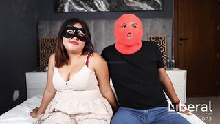 Cuckold blindfolds his wife and makes her suck 2 strangers' knobs.