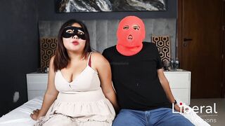 Cuckold blindfolds his wife and makes her suck 2 strangers' knobs.