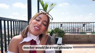 A wicked student seduces her teacher to pass the course and widens her legs for him.