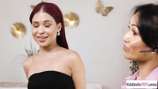 Wedding planner Lana Violet keeps yapping despite her breasty lesbo client Gia Dibella and her small girlfriend Rydre Rey are stripped and scissoring.