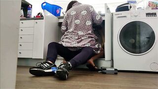 Concupiscent wife bangs handyman underneath the sink.