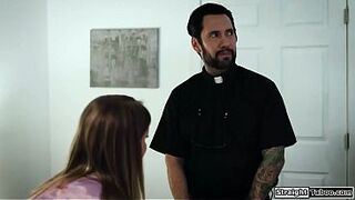 Even God can't assist me withstand this concupiscent teen seducing me.Breasty Eliza Eves sits on top of her priest and kisses him.The blond lets him bang her