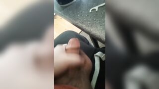 Upright view and on my own with half flaccid weenie jerking off