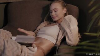 Tiny blond plays with her enchanting juicy twat after reading a fresh chapter