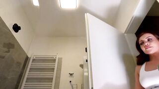 Satin pants and fishnet nylons are favourite hot underware set of this housewife with red miniskirt in the baths