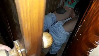 I heard groans from the biffy and spied on my stepsister