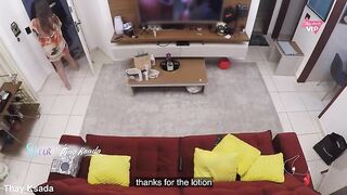 Hawt wife Thay Ksada receiving the delivery and letting him apply cream to her melons.