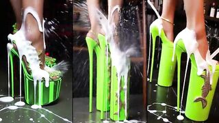 Dancing sweethearts mustns of cream on their legs, feet, shoes and high-heels