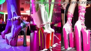 Dancing sweethearts mustns of cream on their legs, feet, shoes and high-heels