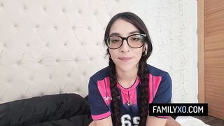 Excited honey entice stepdad by showing him her moist snatch and getting a creampie after