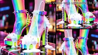 High-Heels Fetish, a lot of cum on leg, feet and heels, public in a nightclub bar, standing on a counter, shoes full of goo