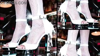 High-Heels Fetish, a lot of cum on leg, feet and heels, public in a nightclub bar, standing on a counter, shoes full of goo