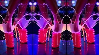 Sexy Beauties stands in High-Heels on a counter in a nightclub. Lots of cum on legs and schoes. Lengthy Legs