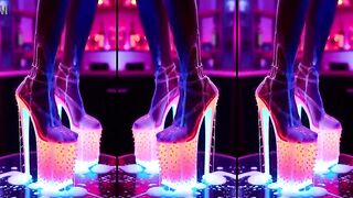 Sexy Beauties stands in High-Heels on a counter in a nightclub. Lots of cum on legs and schoes. Lengthy Legs