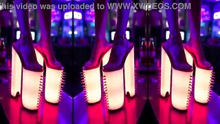 Sexy Beauties stands in High-Heels on a counter in a nightclub. Lots of cum on legs and schoes. Lengthy Legs