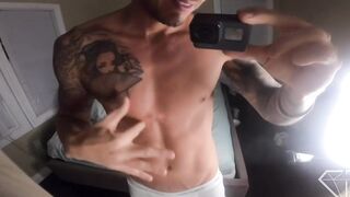 Masturbation in front of the mirror POV, foot fetish, Chris Diamond with a large jizz flow on my abs.