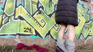Femboy, exhibitionist disrobes in public place