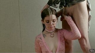 Small painslut suspended upside down for hard fbutt slaming after drinking her sadistic taskmaster's piddle