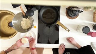 2 neighbors prepared breakfast for their ally and had sex after in the kitchen.