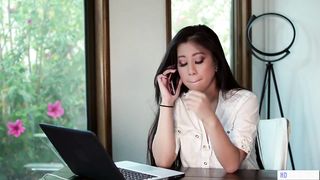 Asian babe with big melons tutoring a lesbian brunette