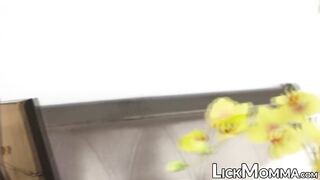 Blond stepmom licking perfect tits before lesbian sex