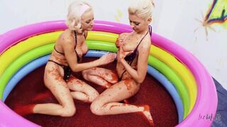 Jello wrestling and vehement fingering with 2 breasty playful blondes