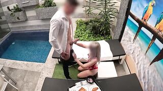 I called the waiter in my hot underware at the hotel pool and surprised him by giving him a oral. This guy liked it 'coz it was red with large holes, and this guy got turned on 'cuz it looked priceless with my lengthy, ideal blond hair.