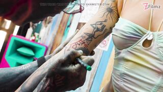 Italian TATTOO customer sucks and bangs whilst getting ink done!