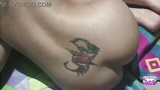 A blond playgirl with unshaved snatch and large fake boobs banged outdoors by the pool