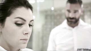 Charles has hired a clearning lady and that babe does a marvelous screwing fine job. But that guy would like her to do the job bare, so this chab forces her to get exposed!