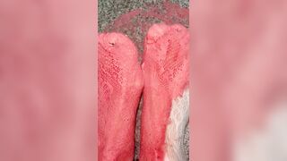 Playing with a whipped cream with my legs in white nylons