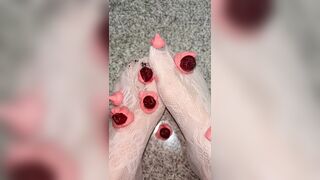 Playing with a whipped cream with my legs in white nylons