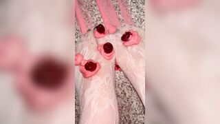 Playing with a whipped cream with my legs in white nylons