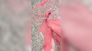 Playing with a whipped cream with my legs in white nylons