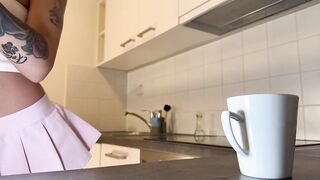 Shortest pink petticoat and over knee socks is what this sexy brunette hair playgirl likes to wear braless