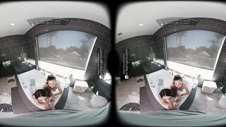 VR Bangers: Youthful Neighbors Trio Sex with Virgin Student FFM Oral in a Bubble Baths - VR Porn