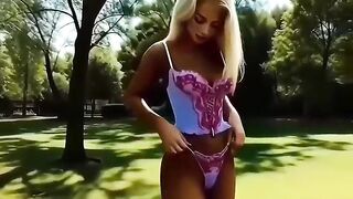 Blonde hotty walks undressed in the park, bangs and masturbates, AI-generated