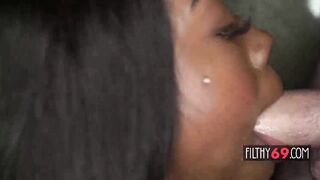 Breasty ebony chick sucks a large white jock - Tori Montana