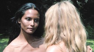 Laura Gemser and Monica Zanchi at the waterfall