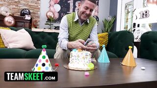 18th Birthday Surprise Turns into a Taboo 3some When Stepdad Catches Juniper Banging