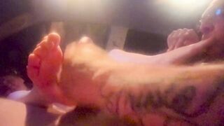 Hot redhead Liz Lane gives Chester Van Name one more fantastic Unfathomable mouth blow job and then we switch it up to some foot job cum