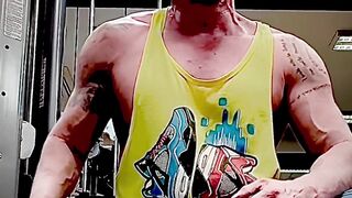 Very hot and manly heterosexual dude in homosexual porn doing a show as a resigned slut in chastity